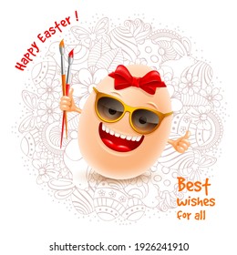 Smiling Easter egg with sunglasses red bow and paint brushes. Shows thumb up. Realistic funny character to Easter holidays. Circle pattern in doodle graphic style on background. Vector illustration.
