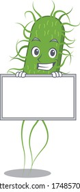 Smiling e.coli bacteria cartoon design style has a board