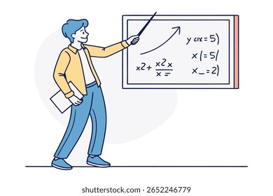 A smiling educator gestures with a pointer at a whiteboard filled with equations and a growth curve, while holding a tablet.