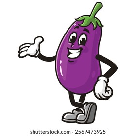 smiling Eggplant Cartoon Character Mascot Illustration Vector Clip-art Hand-drawn Logo Design