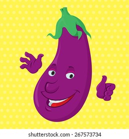 Smiling eggplant  shows thumbs up, vector character