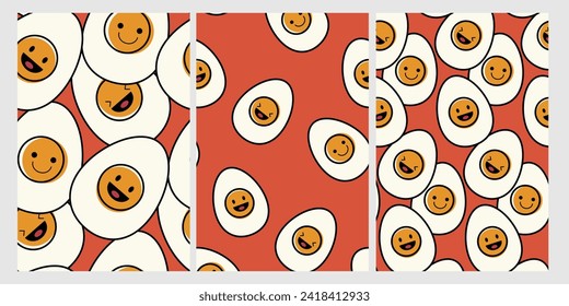 Smiling eggs seamless pattern. Funny vector shapes on orange background. Backdrop with cartoon color printable for texture kid cloth, table cloth, wrapping paper, wallpaper, fabric and textile.