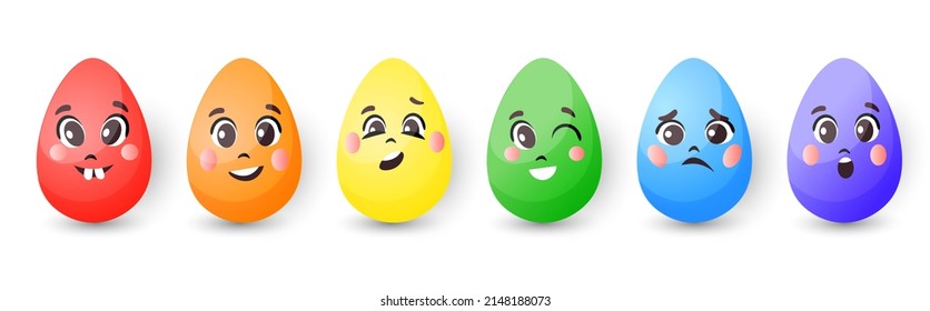 Juego de huevos sonrientes. Colección de elementos brillantes, decoración de regalo y tarjetas de invitación para Pascua. Tradición y religión, primavera. Ilustraciones de caricaturas de vectores planos aisladas en fondo blanco