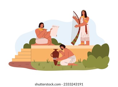 Smiling Egyptian men and women playing music, painting vase and writing flat style, vector illustration isolated on white background. Creativity, traditional clothes, happy people