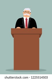 Smiling elderly businessman stands behind the brown wooden lectern and carries out the report. Blue background. Vector illustration