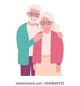 Smiling elderly couple in cozy clothes. Flat vector cartoon of senior man and woman standing together, showing a warm and tender bond. Isolated on white background, grandparents concept