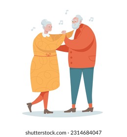 Smiling elderly couple dancing together. Isolated old characters for Advertisement of club dances. Isolated on white background. Hand drawn vector flat illustration