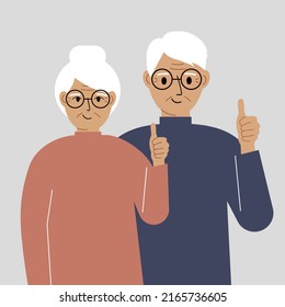 Smiling elderly couple, good mood concept. Positive emotions, happy people, boyfriend and girlfriend showing thumbs up, fun and joy. Vector flat illustration