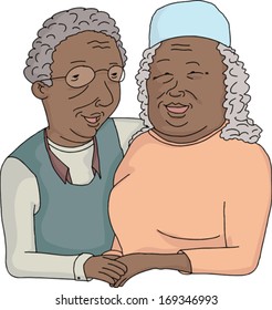 Smiling elderly couple holding hands on isolated background