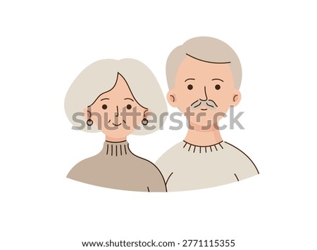 Smiling elderly couple portrait, senior man and woman together, friendly grandparents characters, minimal flat vector illustration isolated on white background