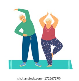 Smiling Elderly Couple Practicing Yoga And Stretching On Mat. Happy Senior Couple. Active And Healthy Retirement. Flat Vector Illustration.