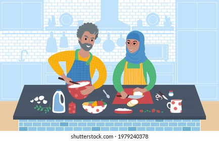Smiling elderly couple preparing food together. Caucasian man and woman wearing a hijab cooking a meal in the kitchen. Flat style vector Illustration.