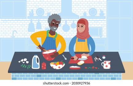 Smiling elderly couple preparing food together. African man and woman wearing a hijab cooking a meal in the kitchen. Flat style vector Illustration.