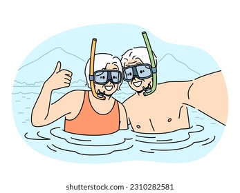 Smiling elderly couple in snorkeling masks diving in lake showing thumb up. Happy old man and woman recommend diving in sea. Active maturity. Vector illustration. 