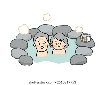 Um casal de idosos sorridente toma banho ao ar livre.