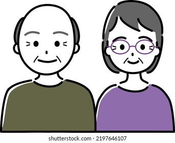 A smiling elderly couple (the husband has thin hair and the wife wears glasses)