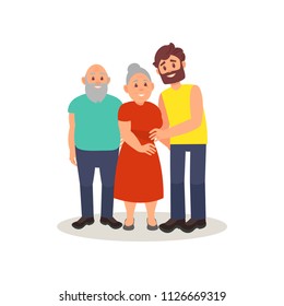 Smiling elderly couple and their adult son posing together, happy family concept vector Illustration on a white background