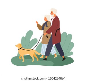 Smiling Elderly Couple Walking With Dog At Park Vector Flat Illustration. Happy Mature Man And Woman Talking Spending Time Together Outdoor Isolated On White. Family Enjoying Promenade With Pet
