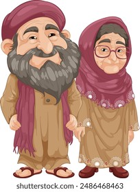 Smiling elderly couple wearing traditional clothing and accessories