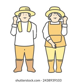 Smiling elderly couple working at a farm, fist pumping