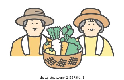 Smiling elderly couple working at a farm harvesting vegetables
