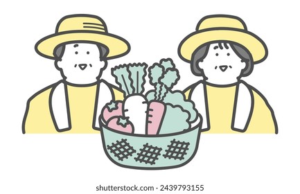 Smiling elderly couple working at a farm harvesting vegetables