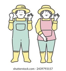 Lächelndes älteres Ehepaar, das auf einem Bauernhof arbeitet, erste Pose, OK Pose