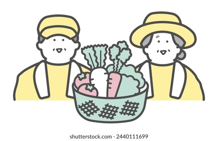 Smiling elderly couple working at a farm harvesting vegetables