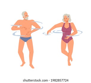 Pareja europea sonriente relajándose en piscina al aire libre, mar o aguas oceánicas, personajes de dibujos animados llanos aislados. Vectores ancianos en retiro o vacaciones, abuelos felices nadando juntos