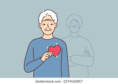 Smiling elderly grandfather with heart in hands feel grateful for doctor in hospital. Happy old man thankful to medical professional for transplant. Vector illustration.