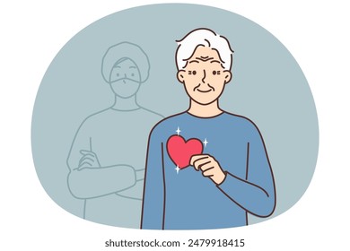 Smiling elderly grandfather with heart in hands feel grateful for doctor in hospital. Happy old man thankful to medical professional for transplant. Vector illustration.