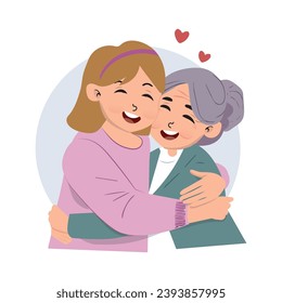 Una abuela anciana sonriente abraza a una mujer amorosa. Feliz hija adulta que se preocupa de abrazar a la vieja madre. Reunión familiar. Ilustración vectorial.