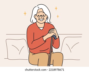 Smiling elderly grandmother sit on sofa with walking stick feeling positive and optimistic. Happy mature woman enjoy good maturity and retirement. Vector illustration. 