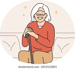 Smiling elderly grandmother sit on sofa with walking stick feeling positive and optimistic. Happy mature woman enjoy good maturity and retirement. Vector illustration.