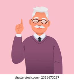 Smiling elderly gray-haired man with a mustache and glasses points fingers at something. Handsome old grandfather. Portrait of a successful confident businessman. Vector cartoon illustration