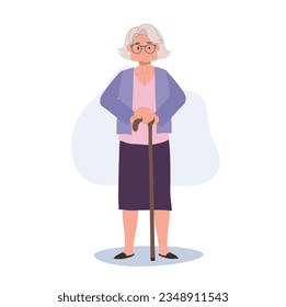  Smiling Elderly Lady with Cane stick. Elderly Smiling Woman, Grandmother Lifestyle. Flat vector cartoon illustration