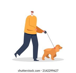Smiling Elderly Male Character Walking With Dog Isolated on White Background. Happy Mature Man Spend Time Together with Pet, Outdoor Promenade with Domestic Animal. Cartoon People Vector Illustration