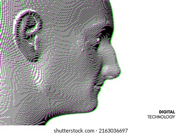 Smiling elderly man. Abstract digital human head constructing from cubes. Technology and robotics concept. Voxel art. 3D vector illustration for presentations, flyers or posters. 