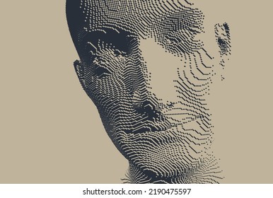 Smiling elderly man. Abstract digital human head constructing from cubes. Technology and robotics concept. Voxel art. 3D vector illustration for presentations, flyers or posters. 
