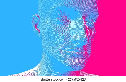 Hombre mayor sonriente. Resumen de la construcción digital de cabeza humana a partir de cubos. Concepto de tecnología y robótica. Ilustración vectorial 3D de Voxel para presentaciones, volantes o carteles. 