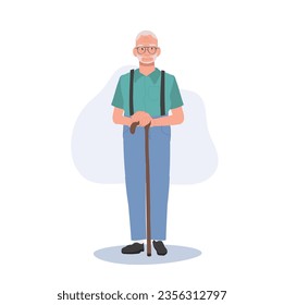  Smiling Elderly man with Cane stick. Elderly Smiling man, Grandfather Lifestyle. Flat vector cartoon illustration