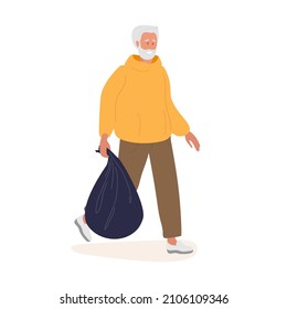 Smiling elderly Man carries black plastic trash bag full of garbage. Senior man with beard with gray hair wearing casual clothes. Mature Man. Colored flat cartoon vector illustration isolated