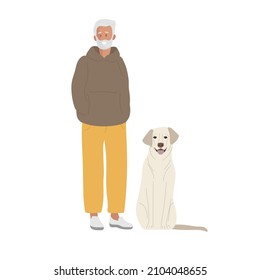 Smiling elderly Man with dog. Senior man with gray beard and hair standing wearing fashionable casual clothes. Dog labrador sits nearby. Mature Man. Colored flat cartoon vector illustration isolated