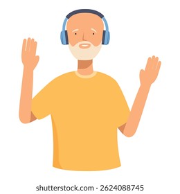 Smiling elderly man enjoying music with wireless headphones, isolated on white