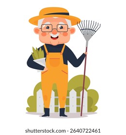 Smiling elderly man in gardening outfit holding a rake and potted plant. Senior gardener in overalls and hat standing outdoors. Vector flat cartoon illustration