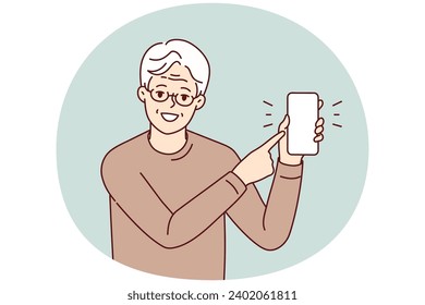 Smiling elderly man in glasses point at mockup cellphone screen. Happy mature grandfather show with finger on smartphone display. Vector illustration.