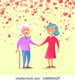 Smiling elderly man holding woman hand on white. Valentine grandparents day, feelings between old people, romantic day. Card decorated hearts vector