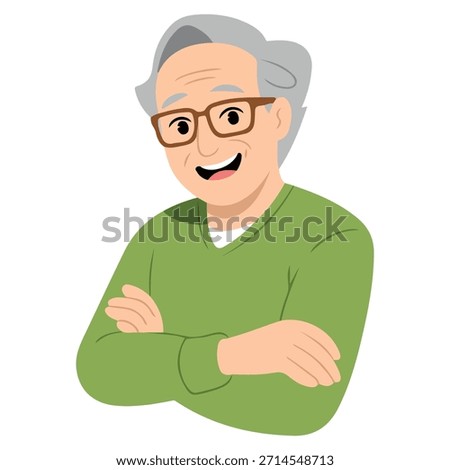 Smiling elderly man old mans face glasses laughing happily cross arm vector