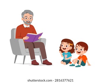 Smiling elderly man reads a storybook to happy Asian children eagerly listening on the floor
