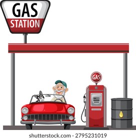 Smiling elderly man in red convertible at vintage gas station, cartoon vector illustration style